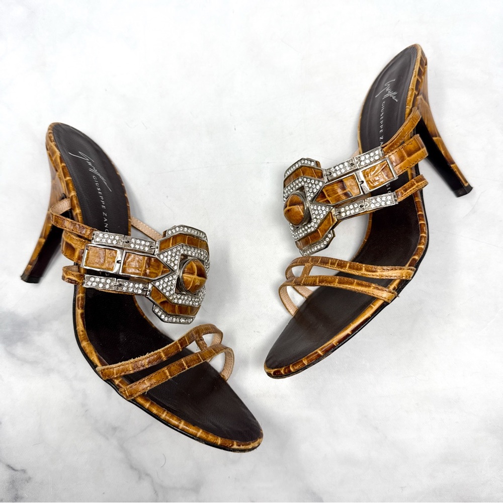 Giuseppe Zanotti Vicini Vintage Y2K Leather Croc Rhinestone Mule Sandal Heels 37